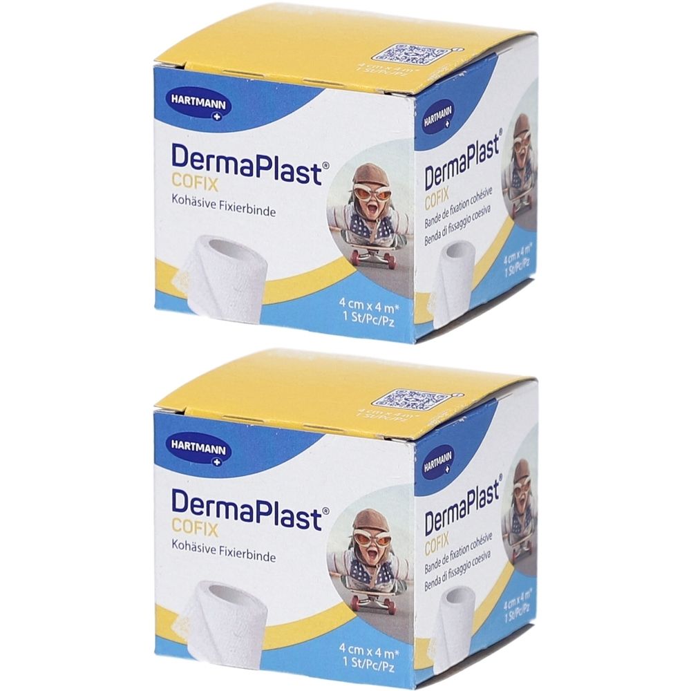 Zwei Kartons mit DermaPlast Cofix Fixierbinde. Aufdruck: 4 cm x 4 m. Marke Hartmann. Gelb-weiße Verpackung mit Produktabbildung.