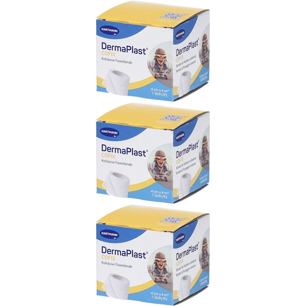 Drei Kartons DermaPlast Cofix, weißes selbstklebendes Pflaster. Aufdrucke: Marke, Produktname, Abbildung, Größenangabe.