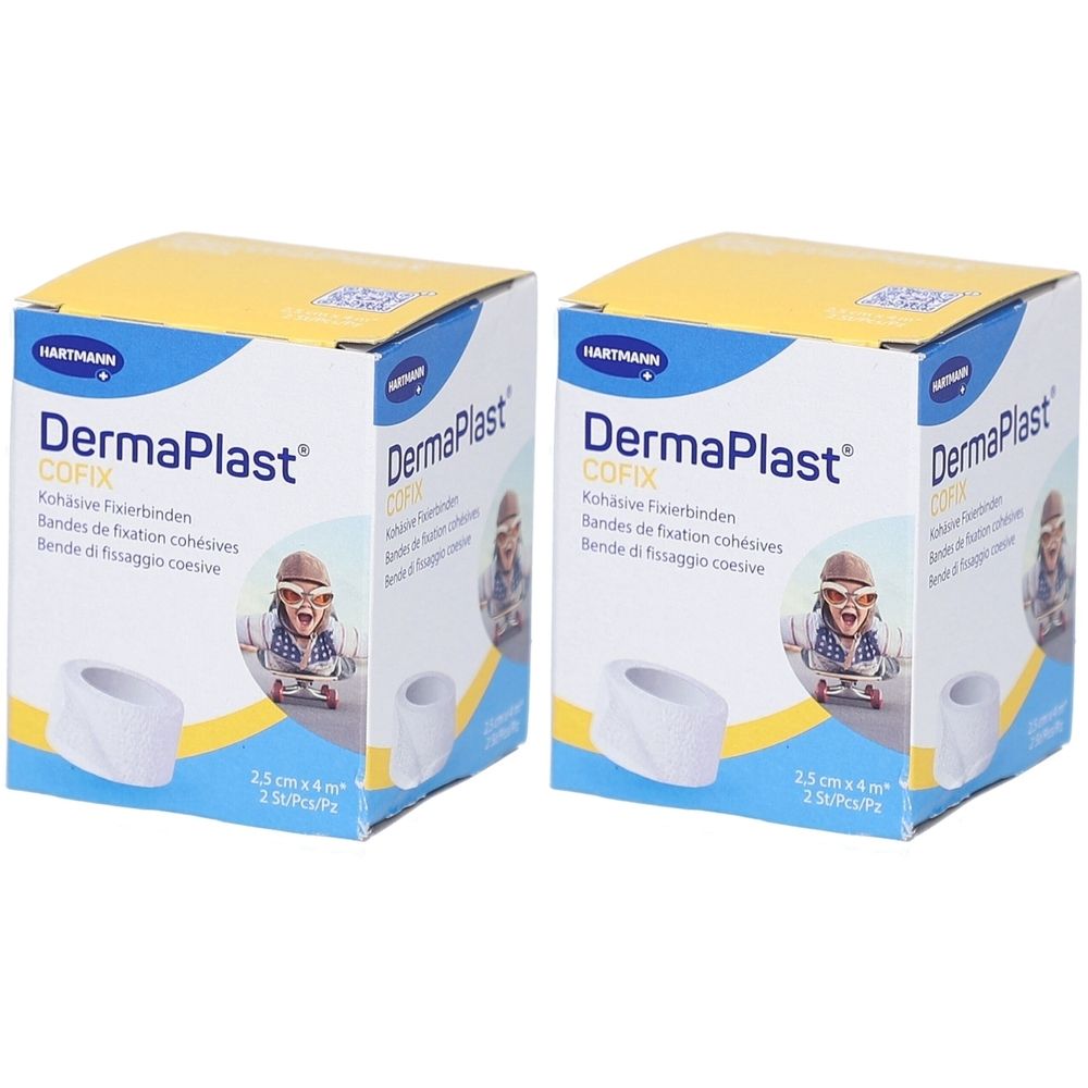Zwei Kartons Hartmann DermaPlast Cofix. Aufdruck: 2,5 cm x 4 m. Verpackung mit blauem und gelbem Design, Produktabbildung.
