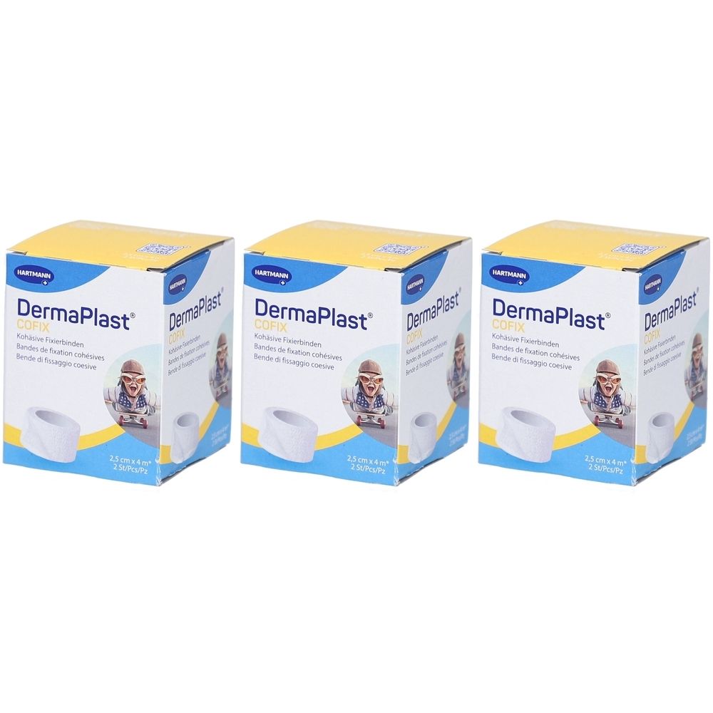 Drei Kartons Hartmann DermaPlast Cofix Pflaster. Gelbe Oberseite, blaue Seiten. Aufdruck: DermaPlast, Bild, Text. 2,5 cm x 4 m.
