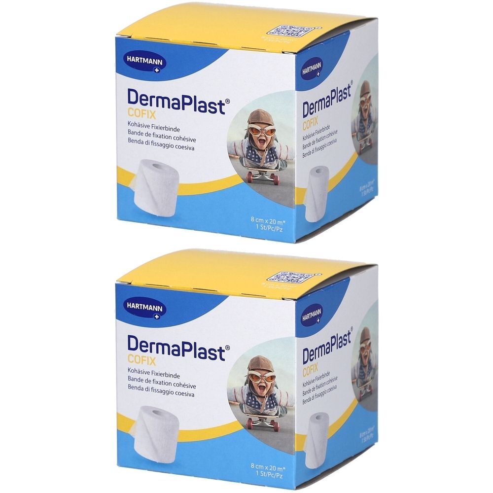 Zwei Kartons mit Hartmann DermaPlast Cofix Pflaster. Aufschrift: 8 cm x 20 m. Aufdruck mit Person auf Skateboard.