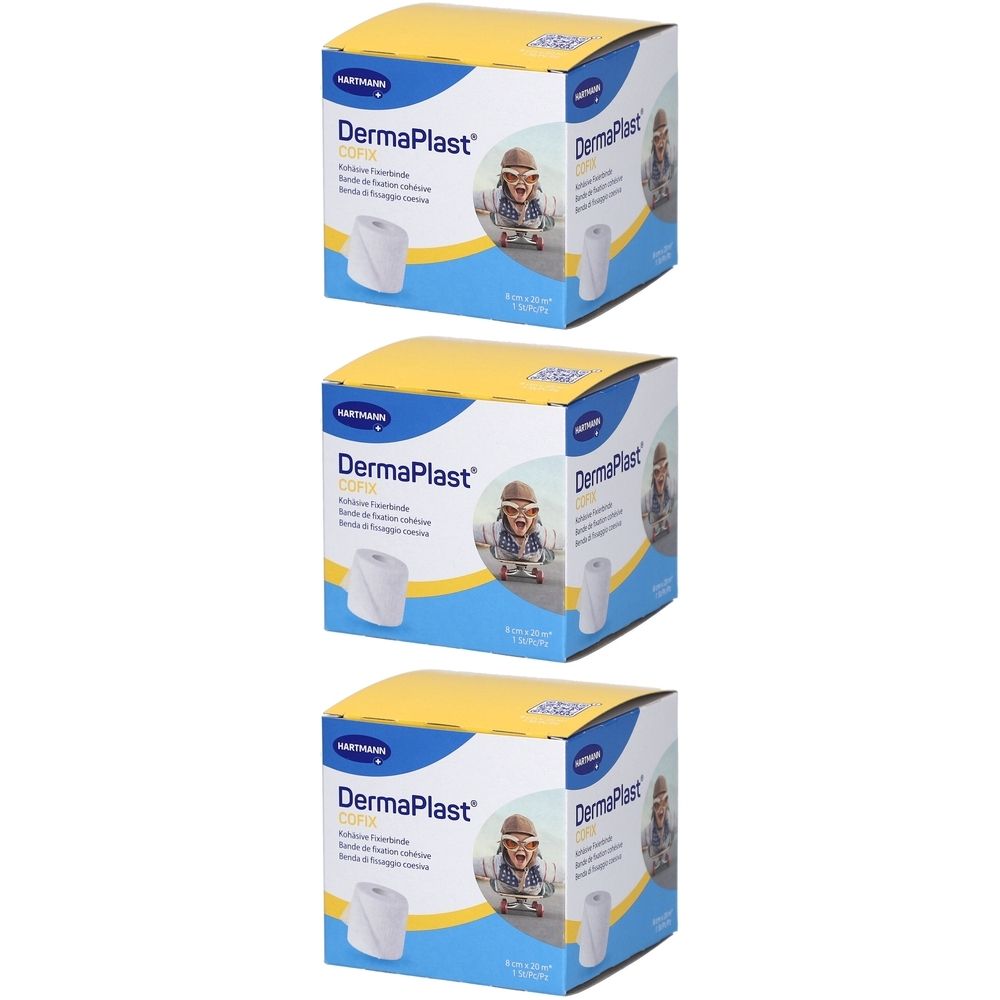 Drei Kartons Hartmann DermaPlast Cofix Pflaster. Gelbe und blaue Verpackung. Aufdruck: DermaPlast Cofix, Rolle Pflaster.