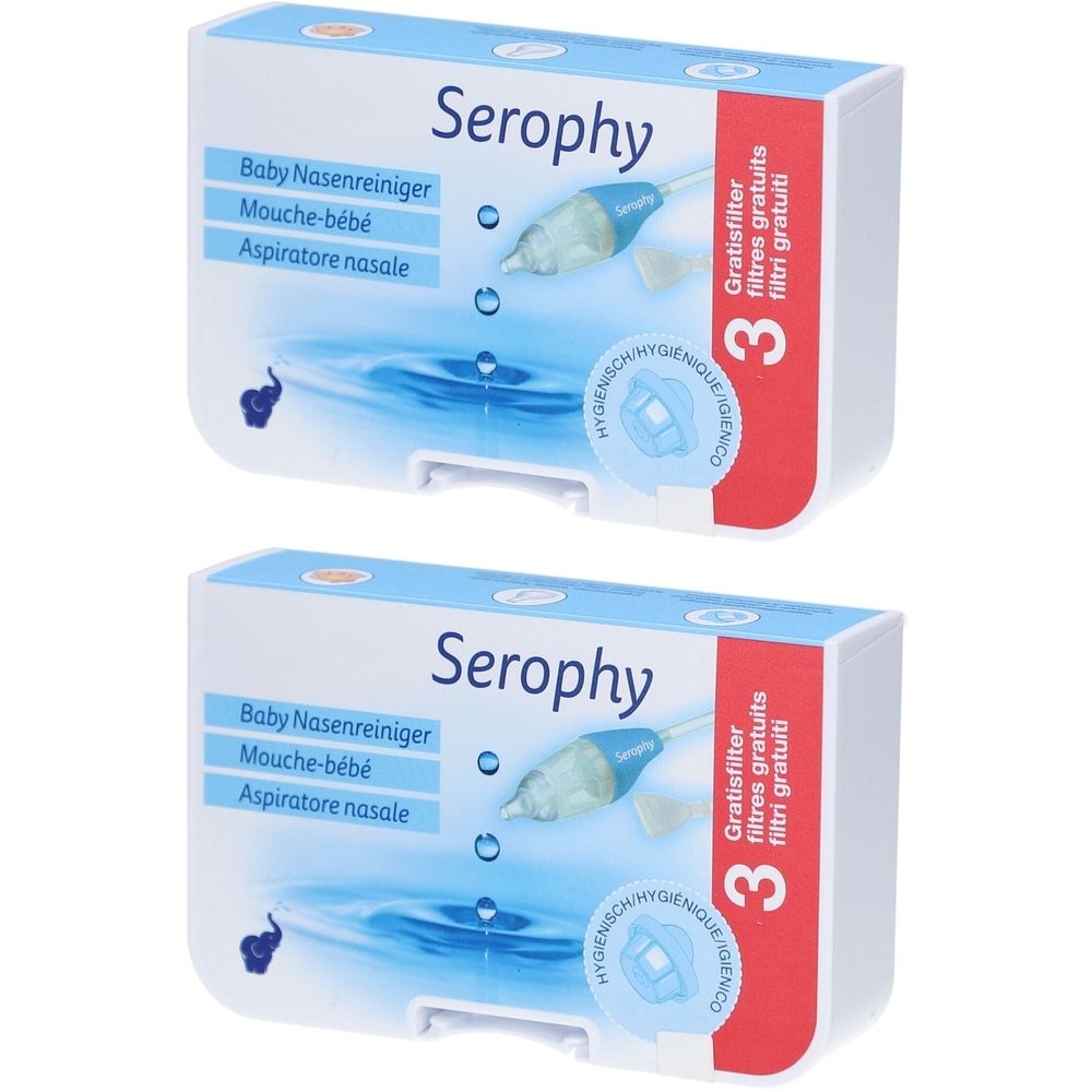 Deux boîtes de Serophy Baby Nasenreiniger. Emballage blanc avec couvercle bleu et coin rouge. Contient 3 filtres.