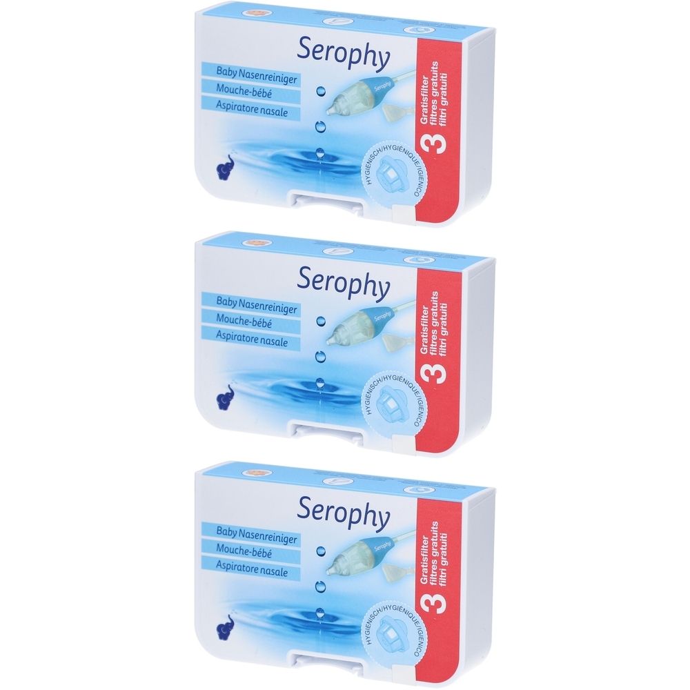 Trois boîtes de nettoyant nasal Serophy pour enfants. Chaque boîte contient 3 filtres. Inscriptions en allemand, français et italien.