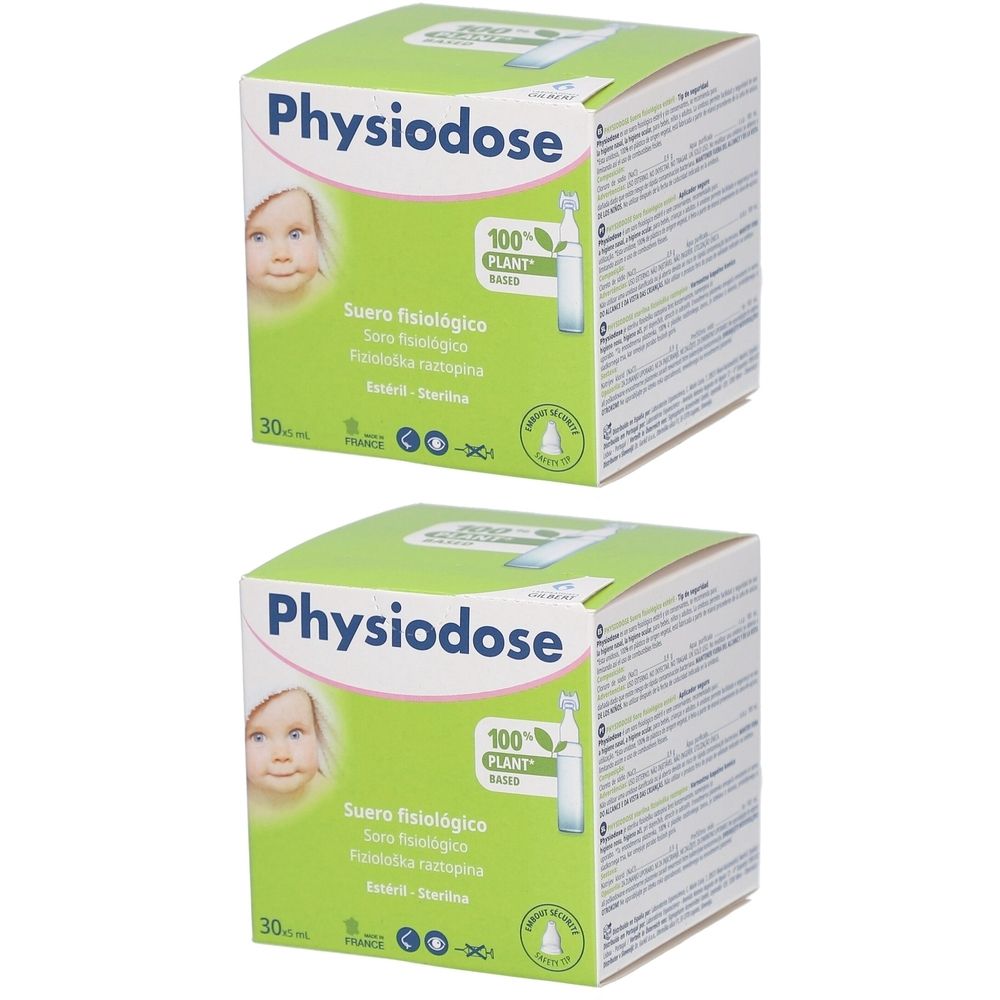 Zwei Kartons mit der Aufschrift "Physiodose". Aufdrucke: "Suero fisiológico", "100% PLANT BASED". Grün-weiße Verpackung mit Babygesicht.