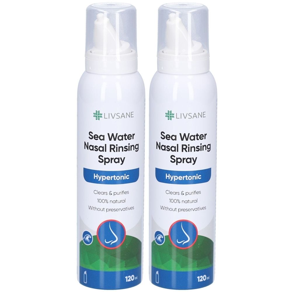 Zwei weiße Sprühflaschen mit Nasenspray-Etikett. Aufschrift: LIVSANE, Meerwasser Nasenspray, hypertonisch.