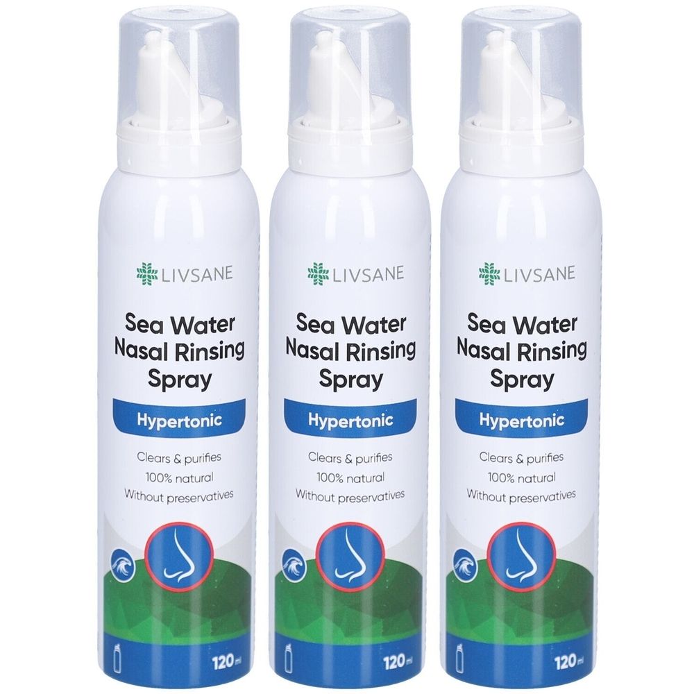 Drei weiße Sprühflaschen mit Nasenspray. Aufschrift: LIVSANE, Meerwasser Nasenspray, Hypertonisch. Kappe und Sprühkopf transparent.