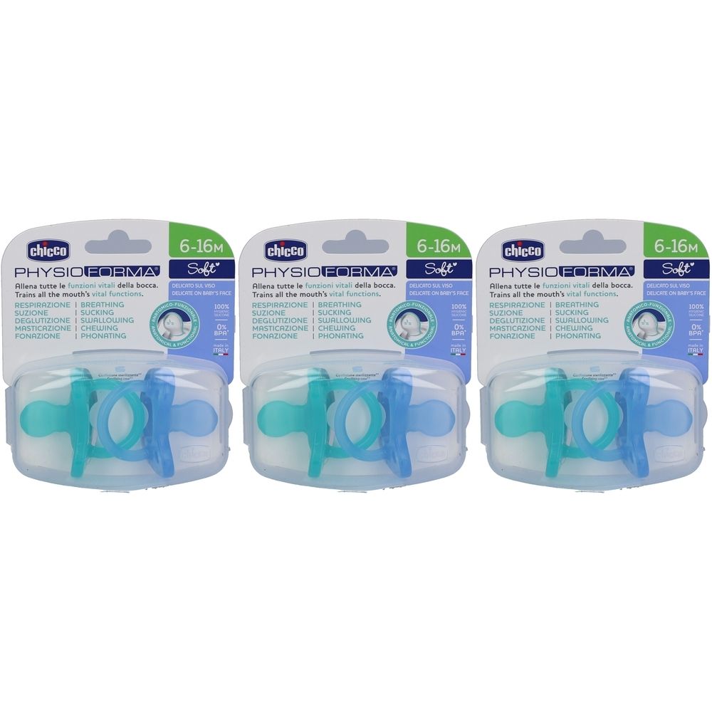 Trois sucettes dans un emballage. Bleu et turquoise. Recommandé pour les 6-16 mois. Marque et nom du produit visibles.