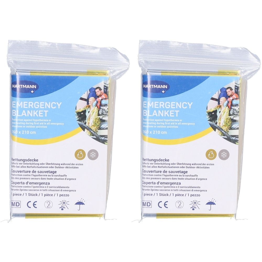 Zwei Rettungsdecken in Folienverpackung. Aufdruck: HARTMANN, EMERGENCY BLANKET, 150 x 210 cm. Mit CE-Kennzeichnung.