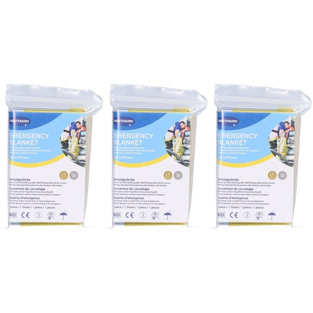 Drei Notfalldecken in Folienverpackung. Aufdruck: EMERGENCY BLANKET, HARTMANN Logo, 150 x 210 cm. Mit CE-Kennzeichnung.