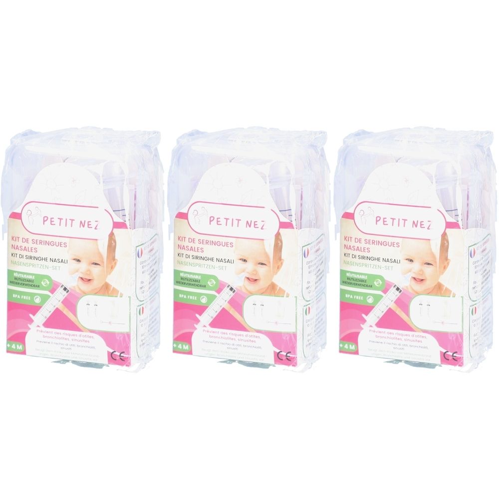 Drei verpackte Sets. Auf der Verpackung: Produktname, Babyfoto, Nasenspritze-Abbildung, CE-Zeichen. Wiederverwendbar, ab 4 Monaten.