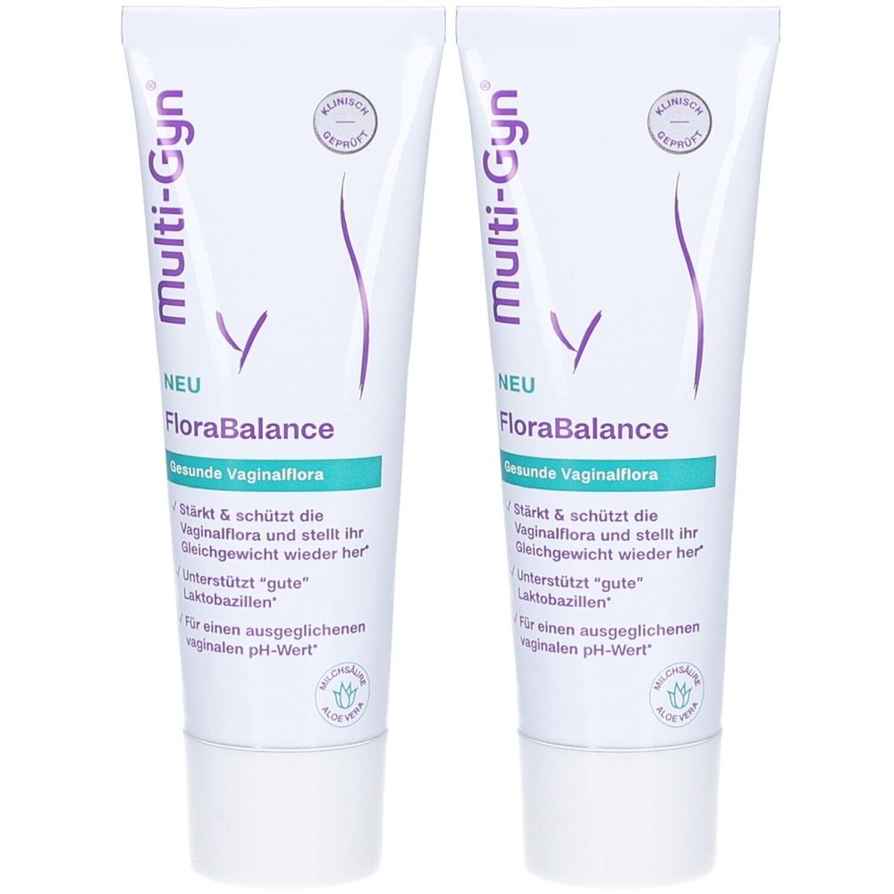 Zwei Tuben Multi-Gyn FloraBalance Vaginalgel. Weiße Tuben mit lila Schrift und Logo. Text: FloraBalance, Gesunde Vaginalflora.