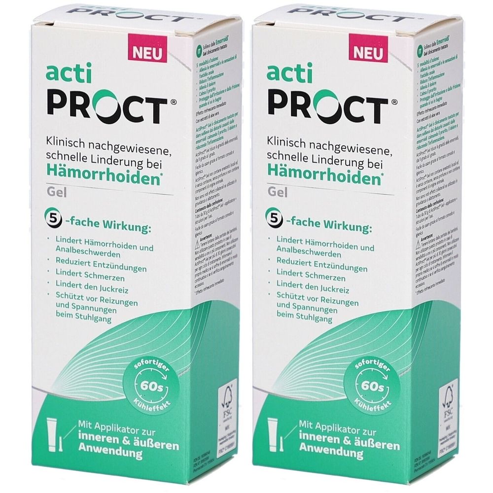 Zwei identische Verpackungen von ActiProct Gel. Aufschrift: Klinisch nachgewiesene, schnelle Linderung bei Hämorrhoiden. Mit Applikator.