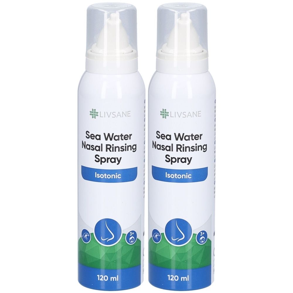 Zwei weiße Sprühflaschen mit LIVSANE-Logo und Text: Sea Water Nasal Rinsing Spray, Isotonic. Unten: 120 ml.