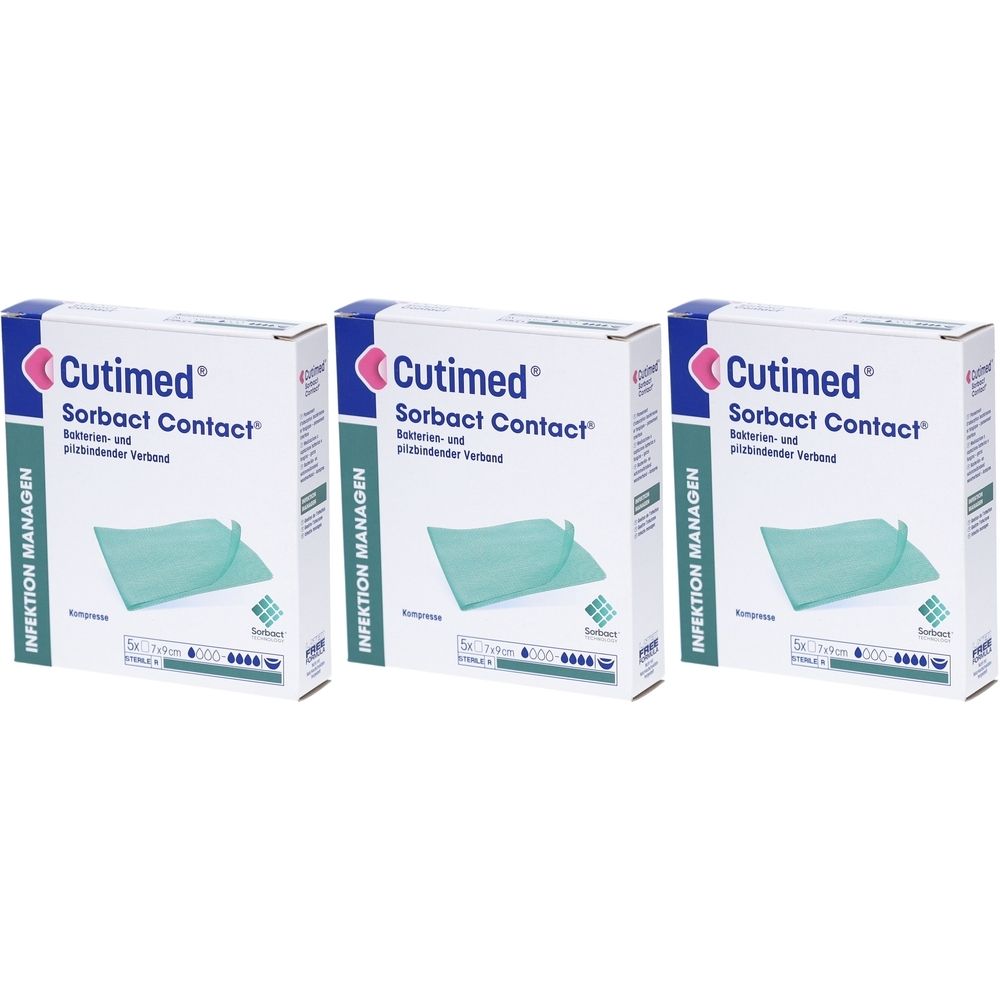 Drei Schachteln Cutimed Sorbact Contact. Auf jeder Schachtel steht der Produktname und ein grünes Kompresse-Symbol.