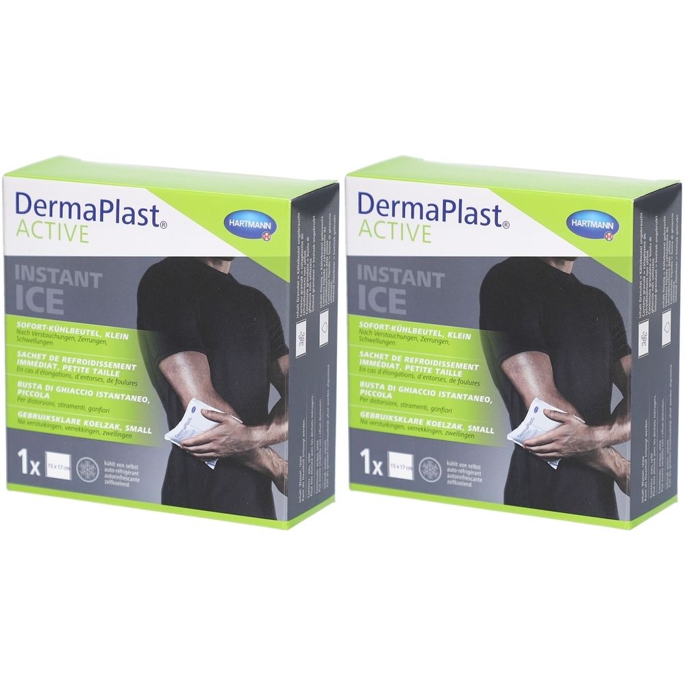 Zwei Schachteln mit DermaPlast Active Instant Ice. Aufdruck: Instant Ice, 1x. Abbildung eines Mannes mit Eisbeutel.
