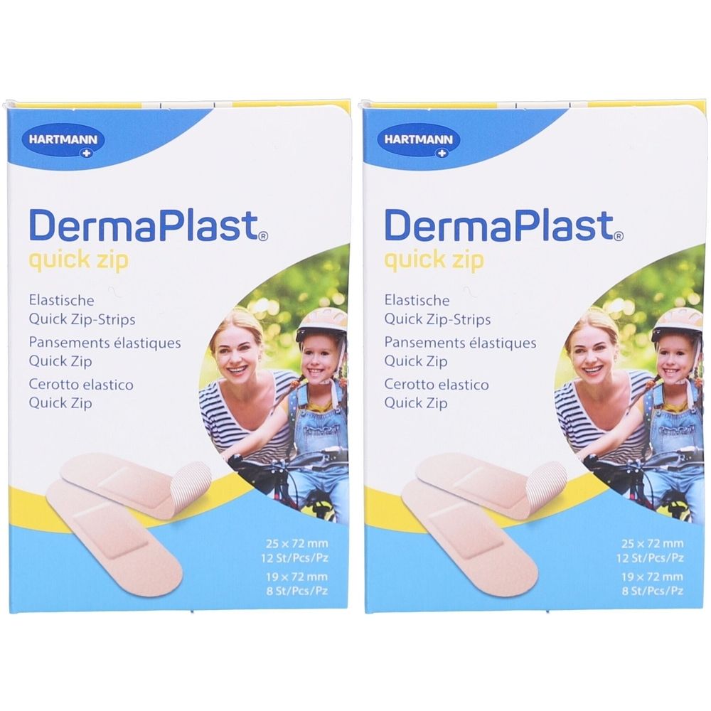 Zwei Packungen DermaPlast Quick Zip Heftpflaster. Auf jeder Packung sind Pflaster abgebildet. Aufdruck: HARTMANN, DermaPlast, Quick Zip.