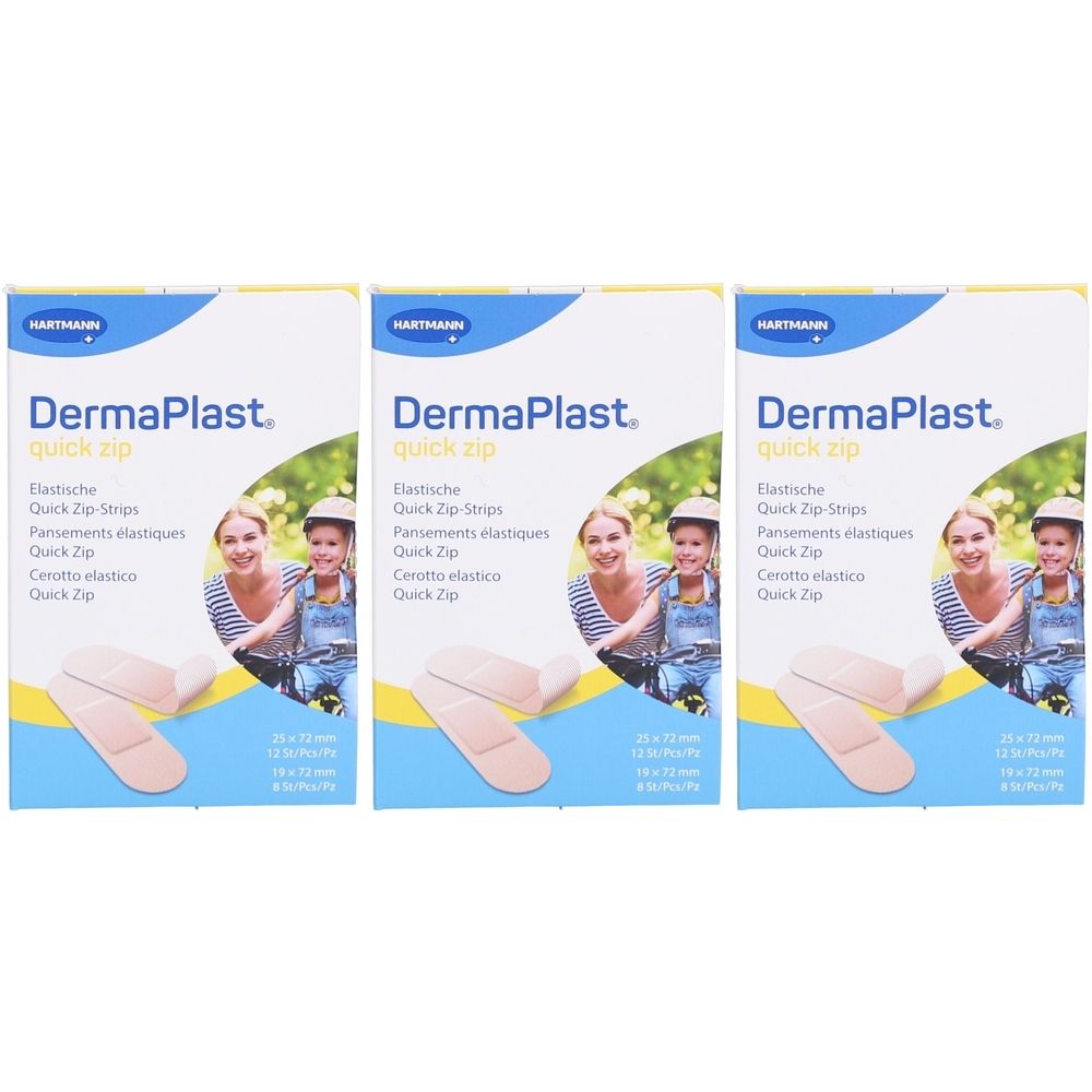Drei Packungen DermaPlast® Quick Zip Heftpflaster. Jede Packung zeigt das Produkt und eine Frau mit Kind. Text: Quick Zip, elastisch.