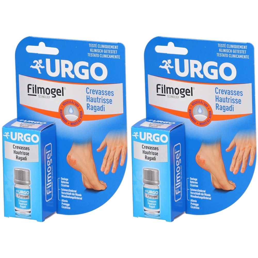 Zwei Packungen URGO Filmogel. Blaue Verpackung mit Produktnamen und Abbildung von Füßen. Enthält eine kleine Flasche.
