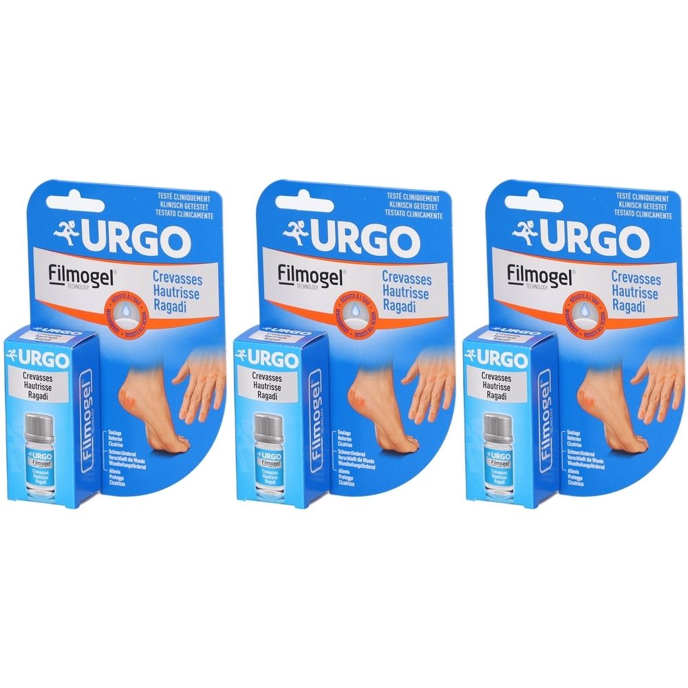 Drei Packungen URGO Filmogel. Blaue Verpackung mit Produktnamen und Abbildung von Füßen. Fläschchen mit Flüssigkeit.