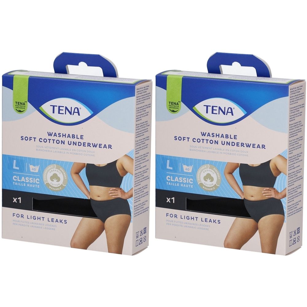 Deux boîtes de sous-vêtements lavables TENA. Taille L. Sous-vêtements noirs illustrés sur l'emballage. Avec poignée de transport.