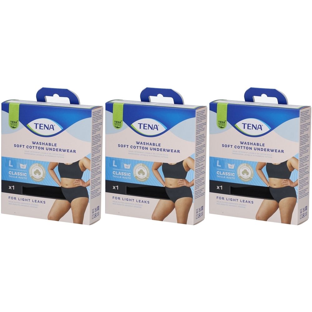 Trois boîtes de sous-vêtements lavables TENA. Chaque boîte montre un modèle en sous-vêtements noirs. Taille L, Classic.