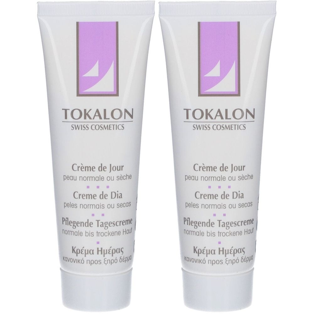 Zwei Tuben Creme. Weiß, mit lila Akzenten und Schriftzug TOKALON. Aufschrift: Crème de Jour, Pflegende Tagescreme.