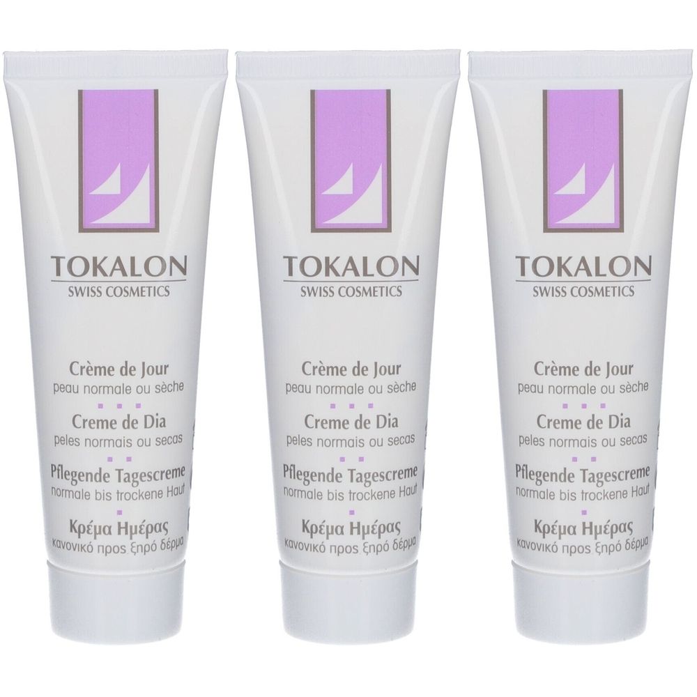 Drei Tuben Creme. Auf jeder Tube steht: TOKALON, Crème de Jour, Pflegende Tagescreme. Lila und weiße Verpackung.