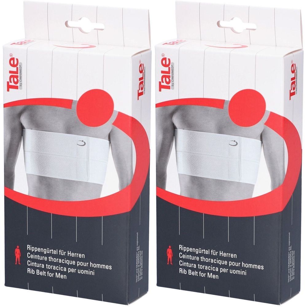 Zwei Verpackungen mit Rippengürtel. Aufdruck: TaLe, Rippengürtel für Herren, Ceinture thoracique pour hommes, Cintura toracica per uomini, Rib Belt for Men.