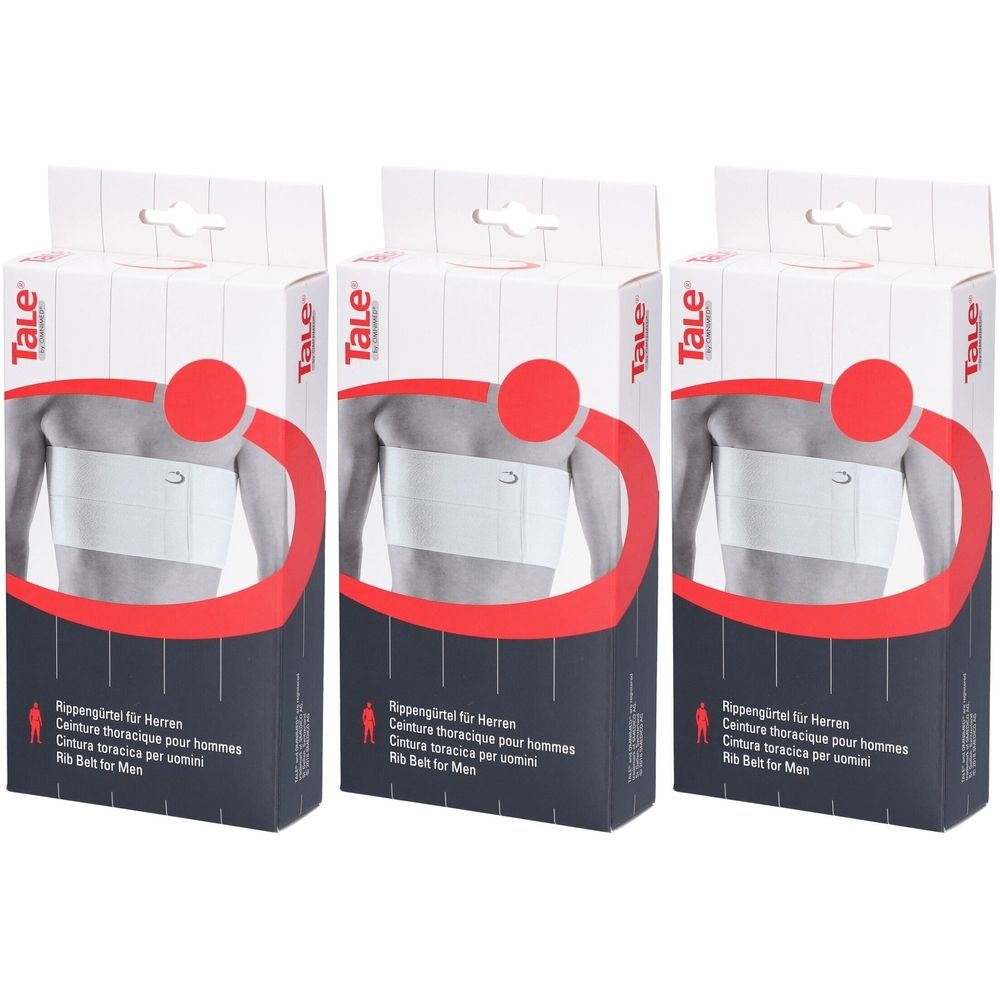Drei Verpackungen des TaLe Rippengürtels für Herren. Jede Box zeigt ein weißes Brustband auf einem männlichen Torso.