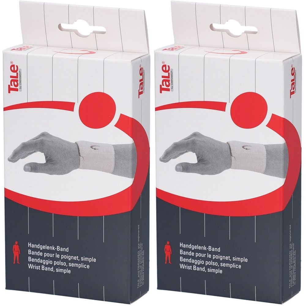 Deux boîtes de bandage de poignet. Chaque boîte montre un poignet. Le nom de la marque Tale est visible.