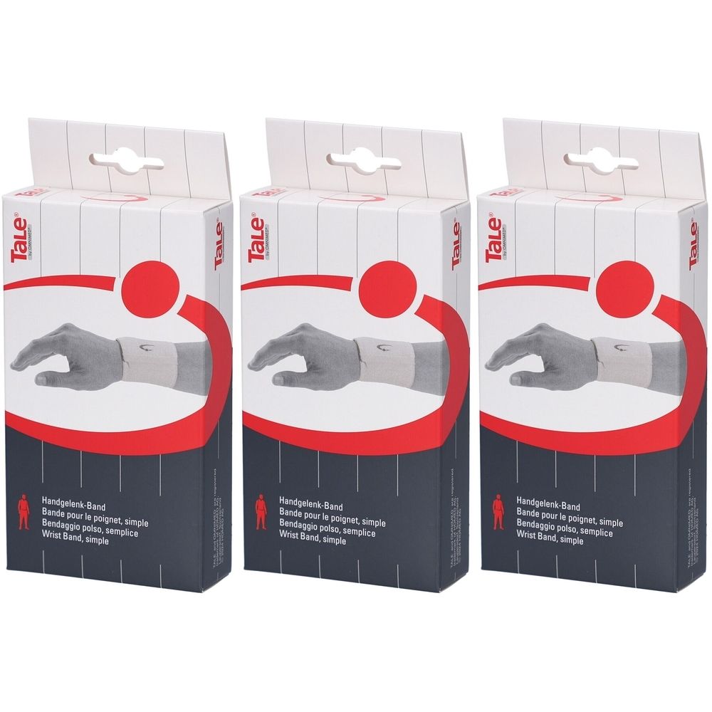 Trois boîtes de bandage de poignet. Chaque boîte montre une main avec un bandage. Le nom de la marque Tale est visible.