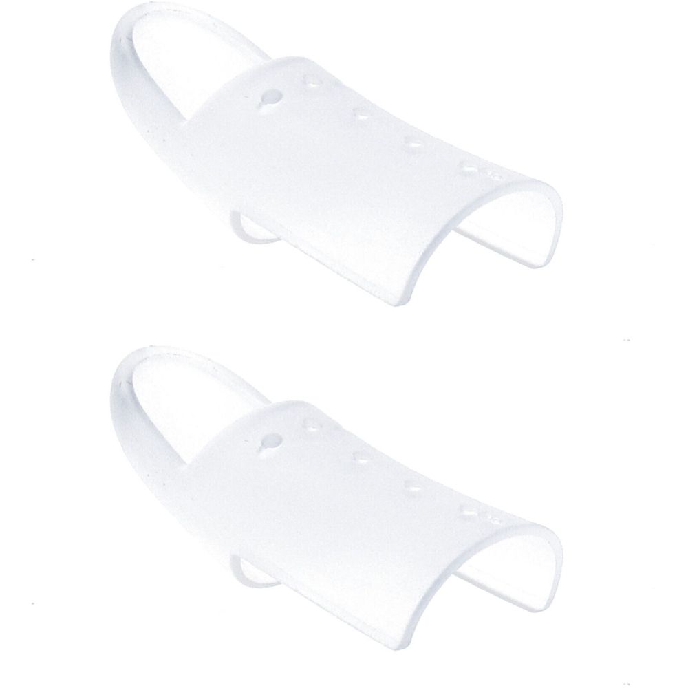 Zwei transparente Fingerschutzkappen mit Löchern. Jede Kappe hat eine abgerundete Form und eine Schlaufe.