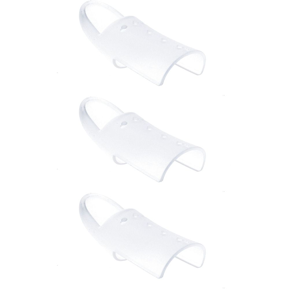 Drei transparente Fingerschutzkappen. Jede Kappe hat eine abgerundete Form mit kleinen Löchern und einem Ring.
