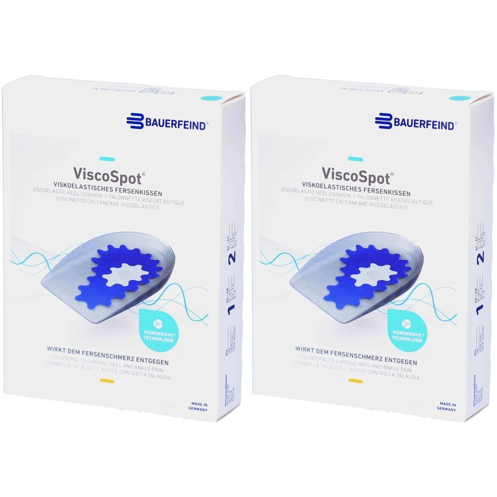 Zwei weiße Kartons mit Fersenkissen. Aufschrift: ViscoSpot, Bauerfeind Logo. Blaue, viskoelastische Einlagen. Text: Wirkt dem Fersenschmerz entgegen.