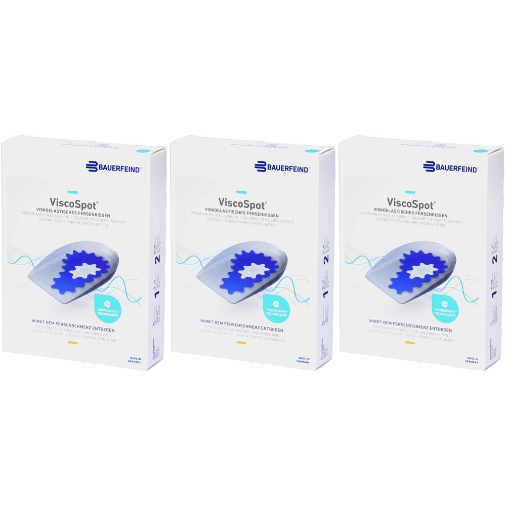 Drei Verpackungen von BAUERFEIND ViscoSpot Fersenkissen. Auf jeder Packung ist das Produkt abgebildet, sowie der Markenname und Produktname.