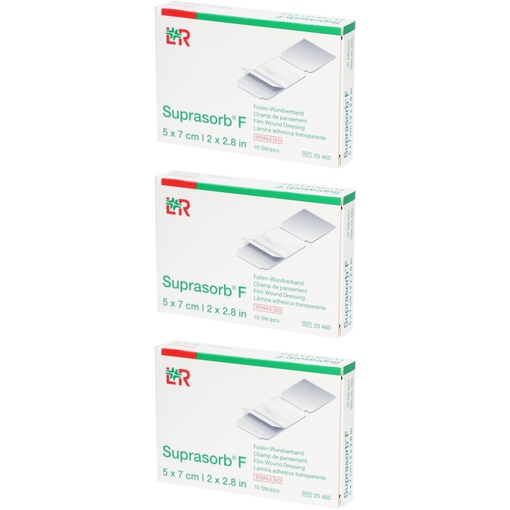 Drei Schachteln Suprasorb® F. Auf jeder Schachtel steht der Produktname und die Größe 5x7 cm.