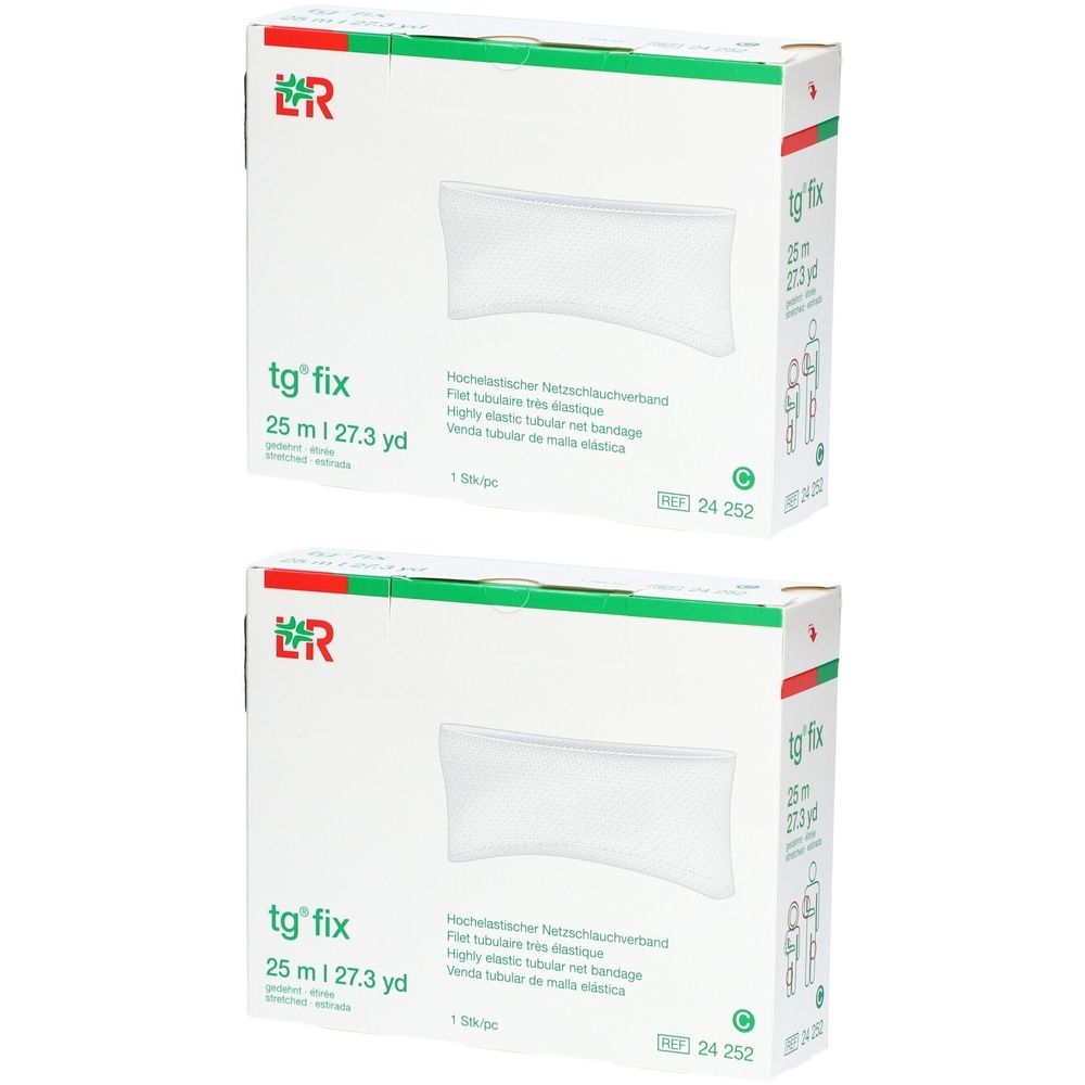 Zwei Kartons tg® fix, 25 m. Aufdruck: Hochelastischer Netzschlauchverband. Weißes Produkt auf weißem Hintergrund.
