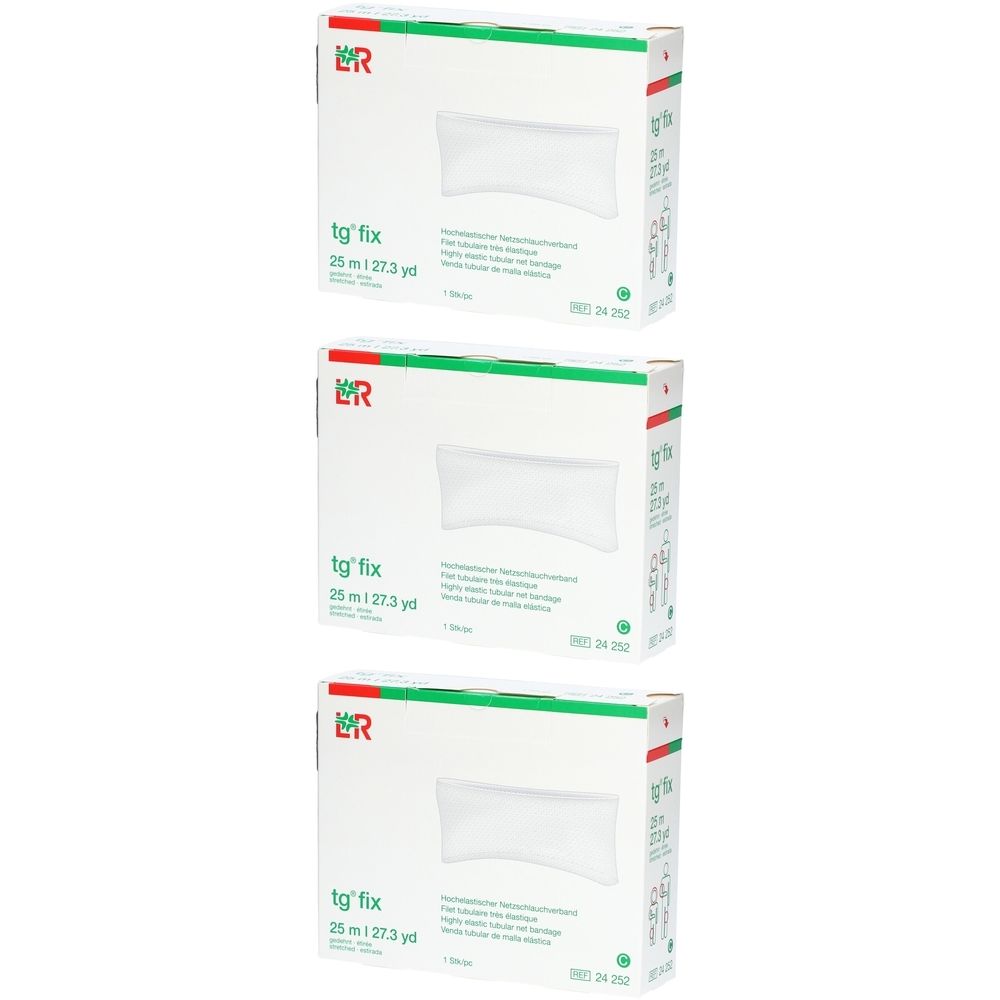 Drei Kartons tg'fix. Weiße Verpackung mit grünem und rotem Logo. Aufschrift: 25 m / 27.3 yd. Einzeln verpackt.