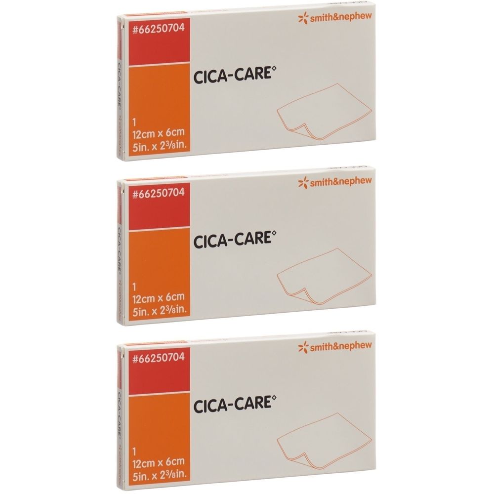 Drei Packungen CICA-CARE Silikongel Verband. Jede Packung zeigt Produktname, Größe und Smith & Nephew Logo.