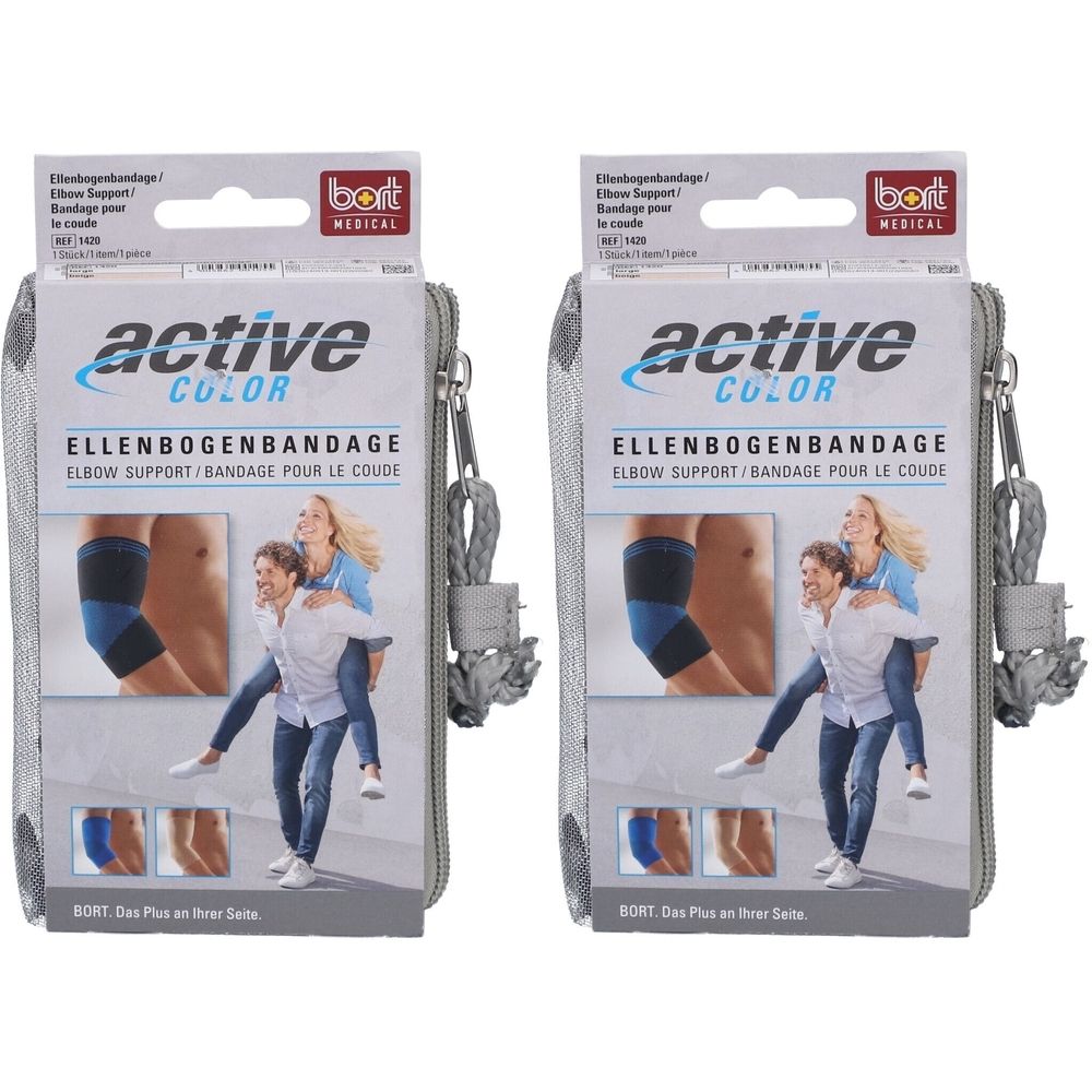 Zwei Bandagen in einer grauen Tasche. Auf der Verpackung steht "active COLOR ELLENBOGENBANDAGE". Das Logo von "bort MEDICAL" ist ebenfalls zu sehen.