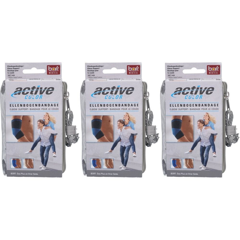 Drei graue Verpackungen mit Reißverschluss. Auf jeder steht "active COLOR ELLENBOGENBANDAGE". Abbildung eines Ellenbogenschutzes und Personen.