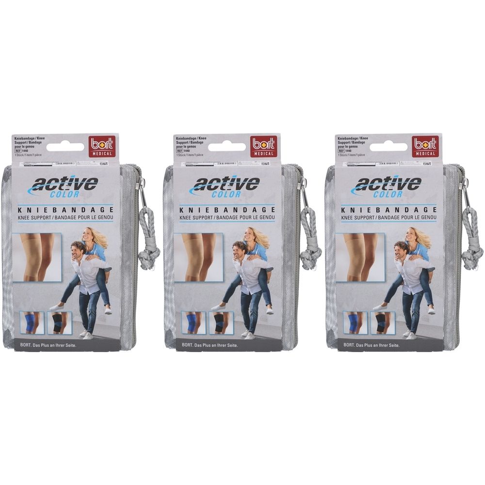 Drei Packungen ActiveColor® Kniebandage. Jede Packung zeigt das Produkt und eine Abbildung. Aufschrift: Kniebandage, Kniestütze.