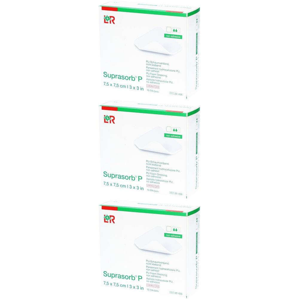 Drei Produktverpackungen von Suprasorb P, 7,5 x 7,5 cm. Aufdruck: Marke, Produktname, Größe und nicht selbstklebend.