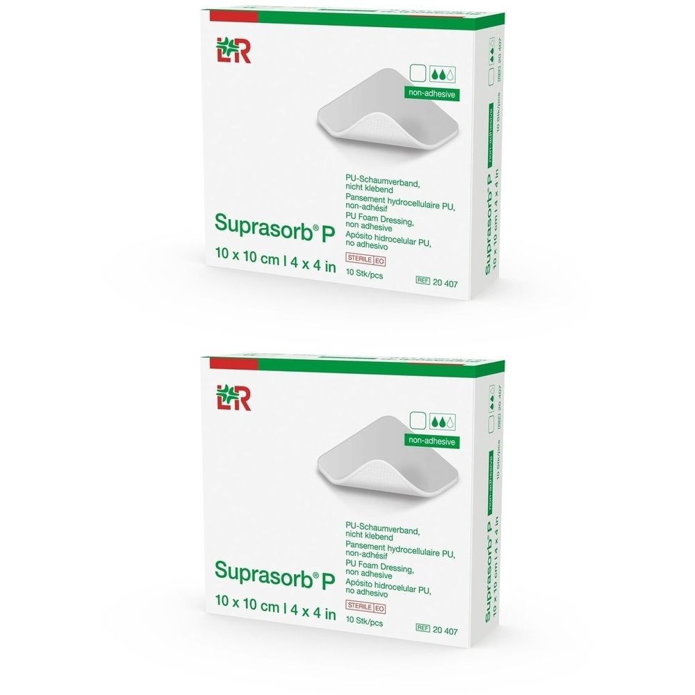 Zwei Packungen Suprasorb® P. Auf jeder Packung: Produktname, Größe 10 x 10 cm, und ein Schaumverband-Symbol.