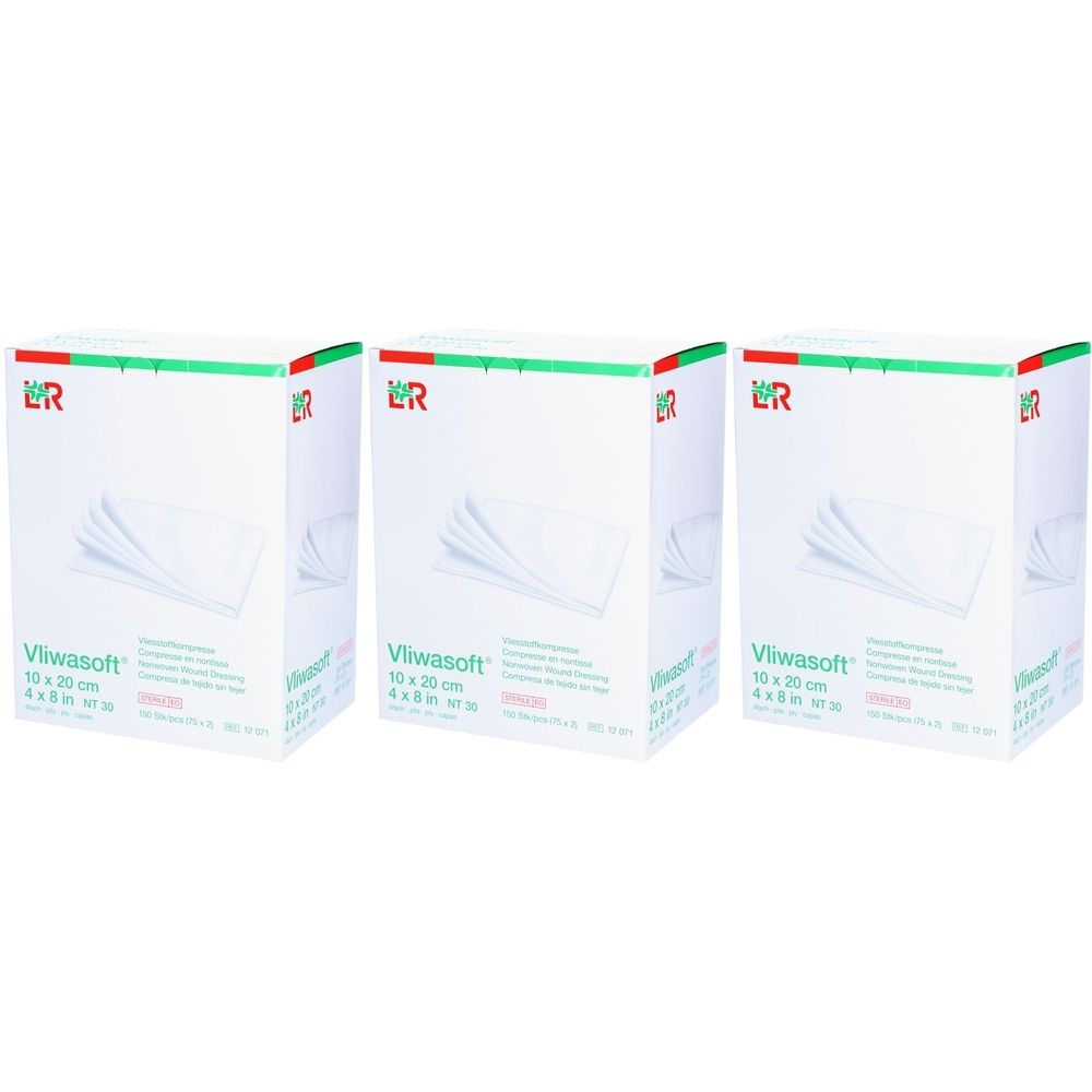 Drei Kartons Vliwasoft® Vliesstoffkompresse. Auf jedem Karton: Produktname, Maße 10x20 cm, 4-lagig, steril.