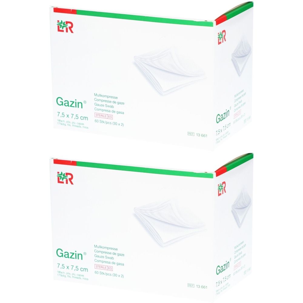 Deux boîtes de compresses de gaze Gazin 7,5x7,5 cm. Inscription : Gazin, 7,5 x 7,5 cm, compresses de gaze.
