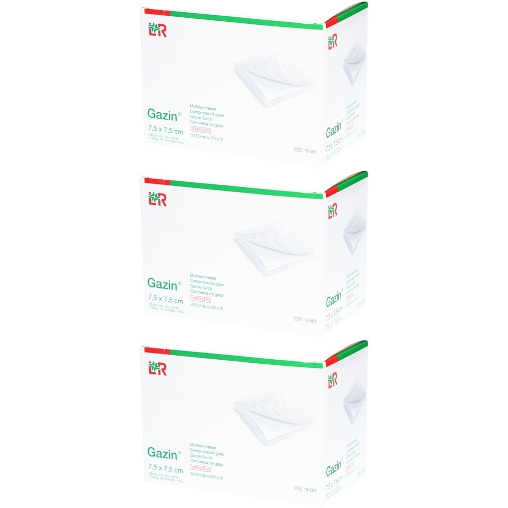 Trois boîtes blanches avec des accents verts. Inscription : Gazin 7,5x7,5cm. Plusieurs compresses de gaze sont représentées.