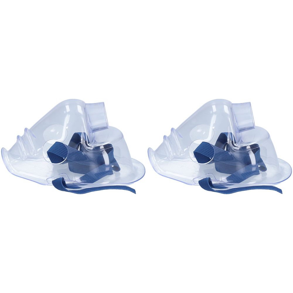 Zwei transparente Verneblermasken mit blauen Bändern. Die Masken haben eine ovale Form und einen Anschluss.