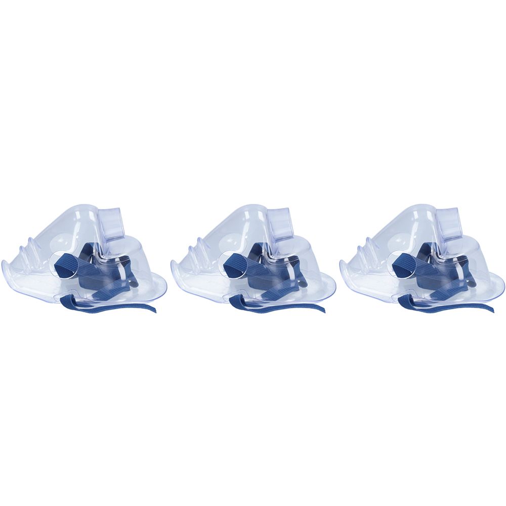 Drei transparente Verneblermasken mit blauen Bändern. Die Masken haben eine ovale Form und einen Anschluss.